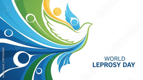 Vibrant blue and green dove graphic for world leprosy day awareness with swirling patterns and circles on white background with illustration
