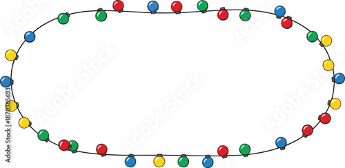 Colorful Christmas string lights frame with glowing bulbs border isolated on white background vector illustration