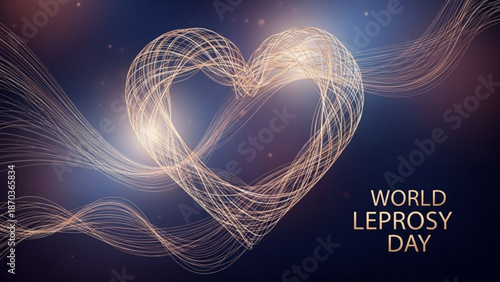 Glowing heart shaped lines on dark background for world leprosy day awareness with light trails and warm colors with support and health and medical