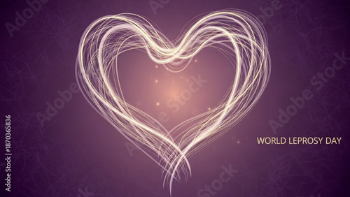 Glowing white heart on purple background for world leprosy day awareness with light effect with support and health and medical and love and care