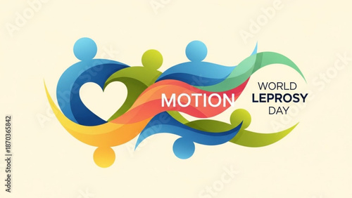 Vibrant colorful illustration of people joining hands for world leprosy day awareness with motion text with support and unity and health and medical