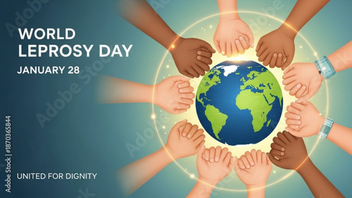 Diverse hands united around globe on world leprosy day january 28 symbolizing global unity and awareness for dignity with Leprosy Awareness and Awareness Campaign