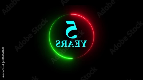 5 Years, 3D Rendering. Glow Alphabet Number in sphere ,5 Years Text Animation Effects Anniversary Digital neon Circle black Background.