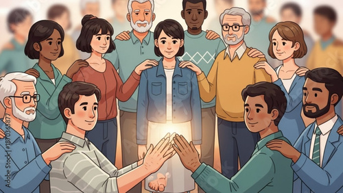 Diverse group of people joining hands in unity and solidarity with a glowing light in the center with diversity and togetherness and community