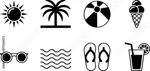 Summer Travel and Beach Line Icons Set Sun Palm Sea Flip Flops and Drinks