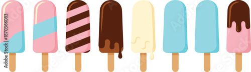 Colorful ice cream popsicles set with chocolate and fruit flavors isolated on white background cute vector illustration