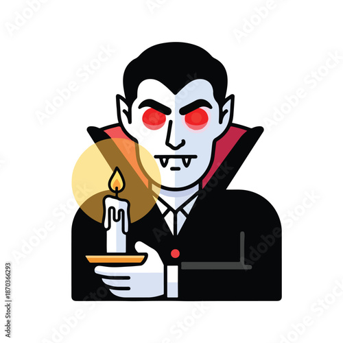 A cartoon vampire with red eyes holds a lit candle