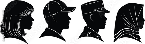 Female and male profile silhouettes wearing hat and headscarf isolated on white background diversity culture people vector illustration set