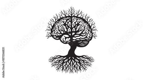Brain Tree: A creative concept art piece symbolizing the connection between the mind and nature, with roots grounded in earth and a crown of leaves representing the brain's complexities.