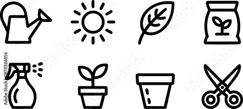 Gardening and Household Tools Line Icons Set Watering Can Pot Scissors Symbols