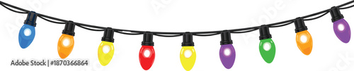 Curved string of colorful holiday lights with glowing bulbs in blue, yellow, red, purple, green, and orange