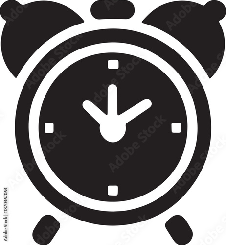 Classic black twin bell alarm clock silhouette showing time on circular dial face