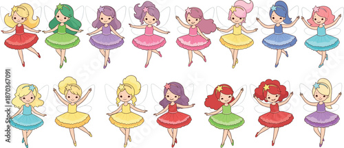Cute dancing fairy girls collection with colorful dresses wings and hairstyles isolated on white background vector illustration