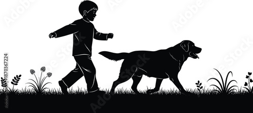 Cute little boy walking with dog silhouette in grassy nature isolated on white background happy childhood outdoor vector illustration