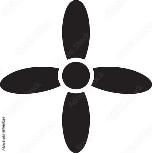 Four blade propeller or fan icon in black silhouette for airflow ventilation and motion symbol