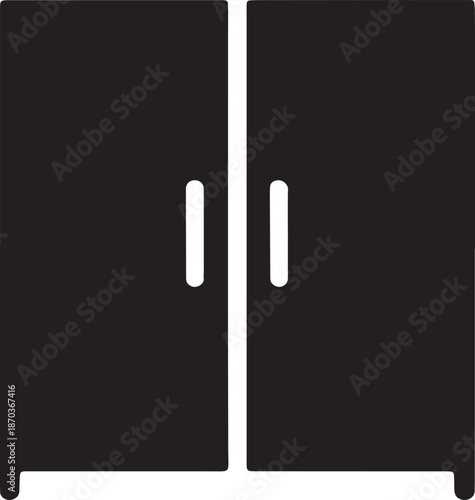 Large black double door wardrobe with vertical handles for bedroom storage on grey background