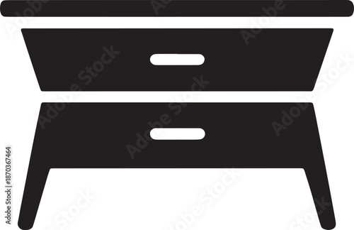 Minimalist black bedside table with two drawers and tapered legs isolated on grey background