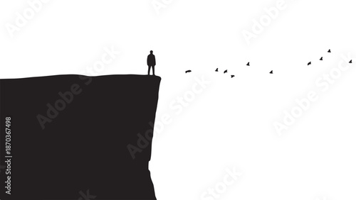 Solitary contemplation: A silhouette of a figure stands at the edge of a precipice, with a flock of birds taking flight, conveying themes of risk-taking, isolation, and introspection. 