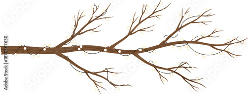 Decorative tree branch with warm fairy lights, rustic glowing illustration for cozy holidays, weddings, and nature-inspired designs