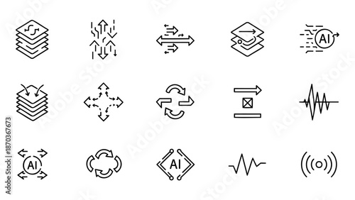 Artificial Intelligence Icons Representing Data Processing and Technology