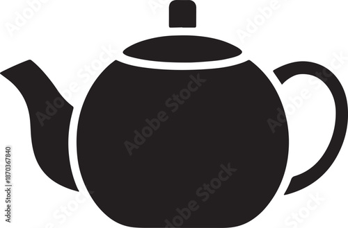 Traditional rounded black silhouette graphic of kettle used for brewing hot drinks and herbal infusions isolated