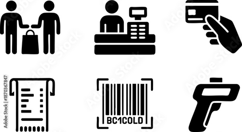 Retail Shopping and Barcode Icons Set Cashier Checkout Receipt and Scan Symbols