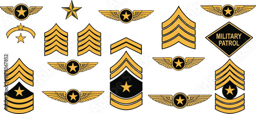 Military Rank Insignia Mega Set Featuring Golden Chevron Patches Army Sergeant Stripes Air Force Wings and Military Patrol Badge Symbols