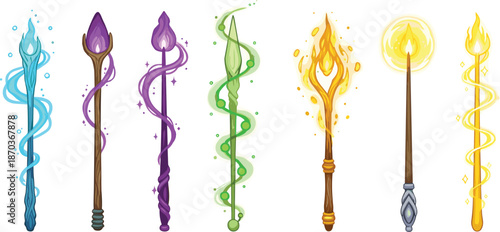 Fantasy magic wand set with glowing elemental effects fire water nature and energy isolated on white background vector illustration