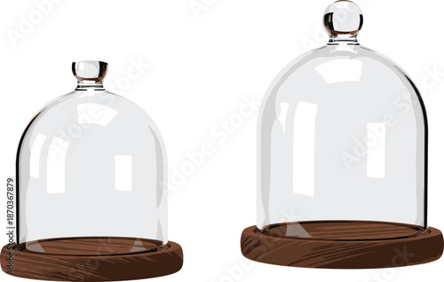 Glass display cloche domes with wooden base for product presentation decoration isolated on white background vector illustration