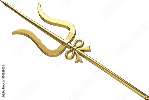 Golden ceremonial spear with ribbon bow elegant decorative weapon isolated on white background luxury vector illustration