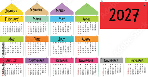 Colorful 2027 Annual Calendar Template with Monthly Pages and Colorful Tabs for Planning Scheduling Organization Business Management and Personal Time Tracking