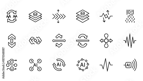 Vector icons representing various artificial intelligence concepts and machine learning processes displayed on a clean white background.