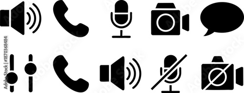 Communication Media Icons Set Phone Audio Camera Chat and Control Symbols Design