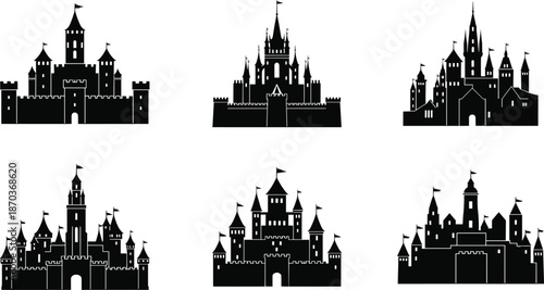 Collection of Minimalist Black Castle Silhouettes with Different Towers and Flags Representing Fairy Tales Fantasy Architecture Fortresses Kingdoms and Historical Heritage