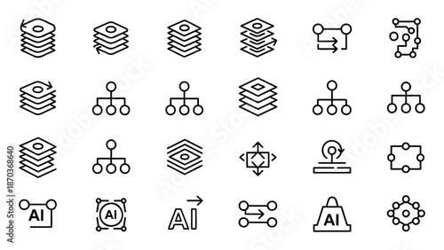 Collection of abstract artificial intelligence and data processing icons in a grid layout