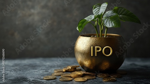 Green Plant Growing in Gold Pot with IPO Letters Surrounded by Coins Symbolizing Financial Growth and Investment Opportunities