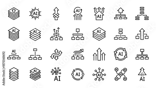 Artificial Intelligence Icons Representing Data Processing and Technology Concepts