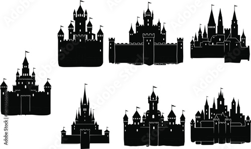 Collection of Black Medieval Castle Silhouettes with Towers and Flags Representing Fairy Tales Fantasy Architecture History Fortresses and Kingdom Defense