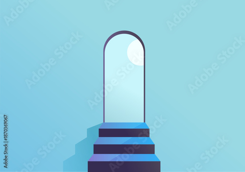 Adobe Illustrator ArtworkMinimal abstract vector illustration featuring a stairway leading to an arched doorway with soft blue and cyan tones. Clean geometric architecture