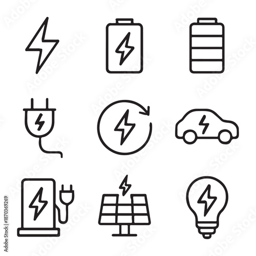 Containing charge, battery, energy, electricity, charger, recharge, electric car, charging station. Charging outline icon set vector