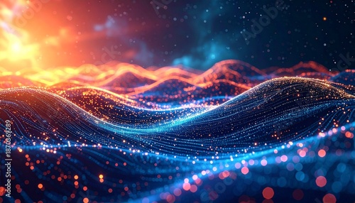 Abstract digital ocean waves with glowing particles under a cosmic sky, a futuristic and ethereal visualization of data flow and connectivity