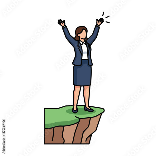 A cartoon woman celebrates on a cliff