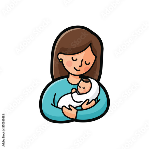 A cartoon woman holding a swaddled baby
