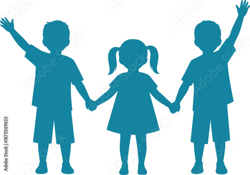 Blue Silhouette of Three Children Holding Hands and Waving Representing Friendship Unity Childhood Happiness Diversity and Support in Minimalist Vector Style