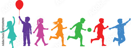Colorful Silhouettes of Happy Children Running Jumping and Playing with Balloons and Balls Representing Childhood Joy Diversity Vitality and Active Playful Energy