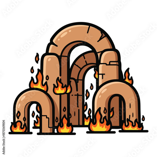 A cartoonish illustration of a burning brick archway