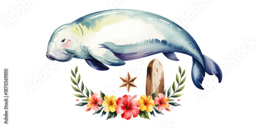 Watercolor manatee illustration with tropical hibiscus flowers, nautical star and sea plants on transparent background, coastal clipart