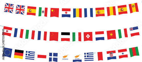 Bunting Garland with Diverse International World Flags for Global Celebration Multicultural Events Tourism and Decorative National Symbols Vector Illustration Background Set