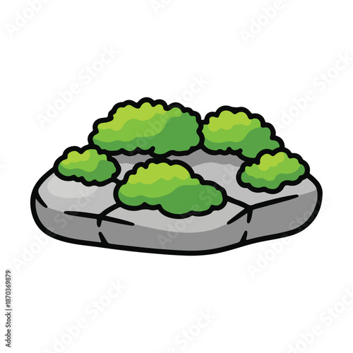 A cartoonish illustration of a gray rock with green bushes on top