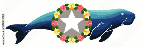 Blue manatee illustration with tropical floral wreath and star emblem, cute marine animal clipart for conservation, kids decor and design